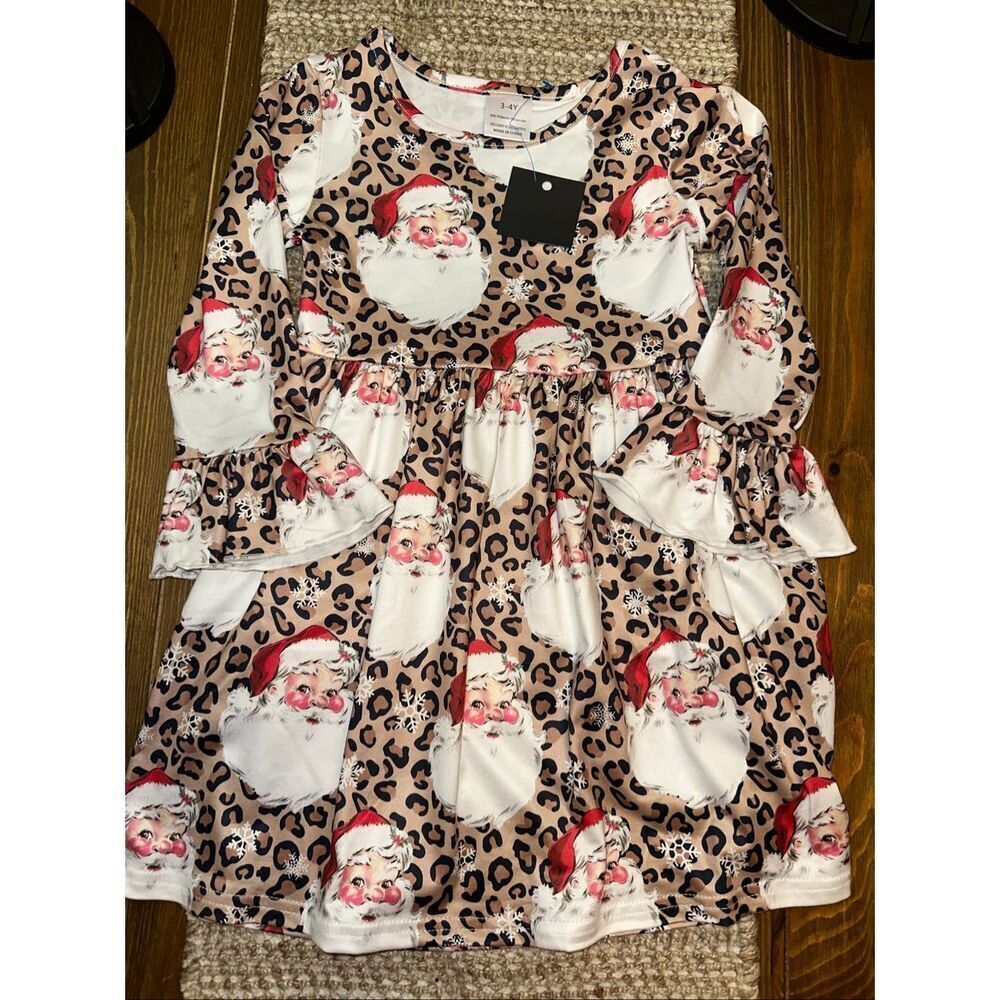 Boutique Christmas Santa Dress Size 3-4 Toddler leopard Cheetah Print Knit NWOT